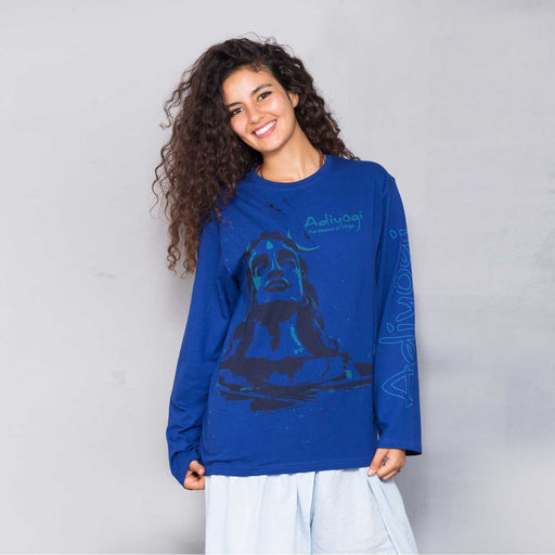 Unisex Blue Adiyogi Printed Full Sleeve T-Shirt